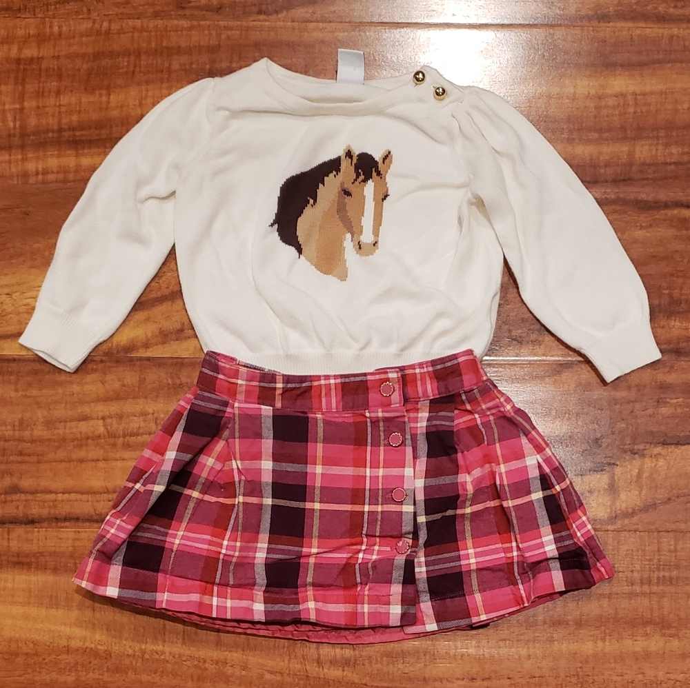Janie and Jack EUC 12-18 months Equestrian horse sweater and pink plaid skirt
